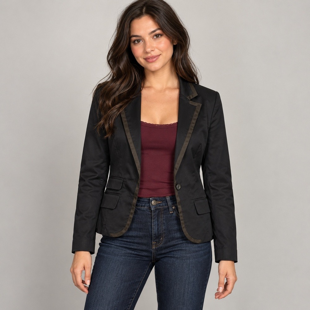 American Eagle Blazer XS Black Satin Trim Cotton Tailored Professional Jacket